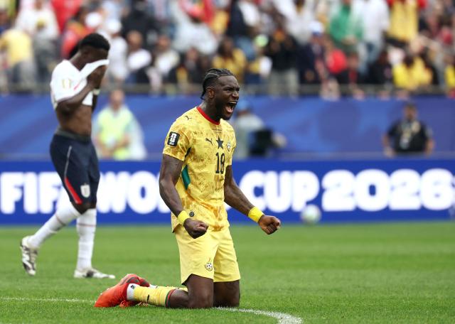 Ghana's defender #18 Jerome Opoku reacts after a draw in the 2026 World Cup Group L football match between England and Ghana at the Boston Stadium in Foxborough on June 23, 2026.  (Photo by FRANCK FIFE / AFP)