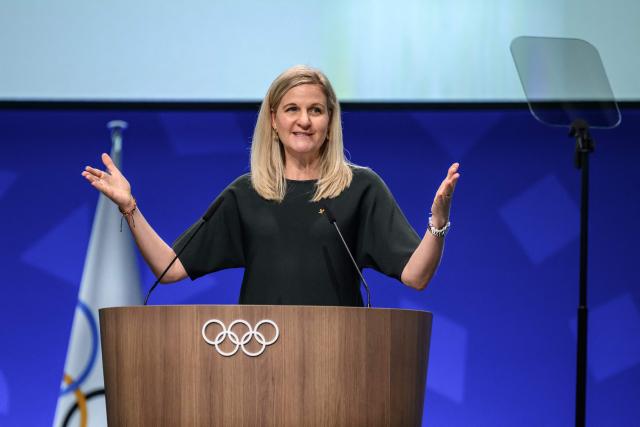 International Olympic Committee President (IOC) Kirsty Coventry gestures at the opening of an IOC session, in Lausanne, on June 24, 2026. (Photo by Fabrice COFFRINI / AFP)