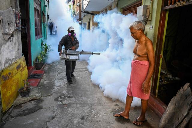 A municipal worker fumigates a residential area during a nationwide dengue prevention campaign in Colombo on June 24, 2026. (Photo by Ishara S. KODIKARA / AFP)