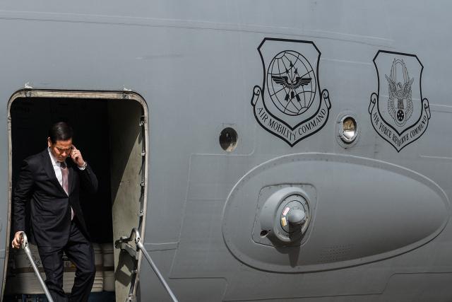 US Secretary of State Marco Rubio disembarks a US Air Force C-17 Globemaster III transport aircraft at Kuwait International Airport during his visit to the Middle East to discuss the interim deal between the US and Iran with Arab Gulf allies, in Kuwait City on June 24, 2026. Rubio arrived in the United Arab Emirates on June 23, and held talks with its leader flying to Kuwait and then Bahrain, where he will attend a Gulf Cooperation Council (GCC) meeting. Rubio's trip is the first by a senior US official to the Middle East since the Iran agreement was signed last week. (Photo by Eric Lee / POOL / AFP)