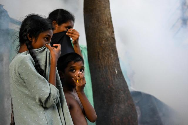 Children cover their faces as municipal workers fumigate a residential area during a nationwide dengue prevention campaign in Colombo on June 24, 2026. (Photo by Ishara S. KODIKARA / AFP)