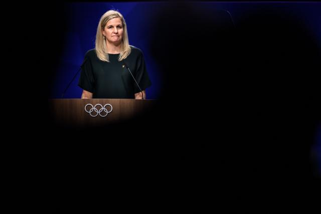 International Olympic Committee President (IOC) Kirsty Coventry speaks at the opening of an IOC session, in Lausanne, on June 24, 2026. (Photo by Fabrice COFFRINI / AFP)