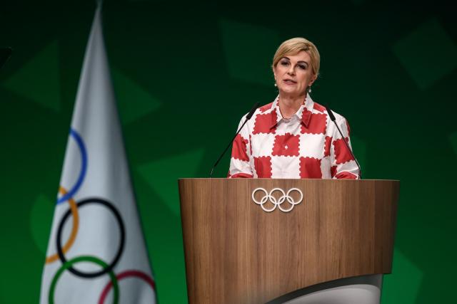 Chair of the International Olympic Committee (IOC) Future Host Commission Kolinda Grabar-Kitarovic speaks during an IOC session, in Lausanne, on June 24, 2026. The International Olympic Committee (IOC) will choose the host of the 2036 summer Olympic Games in "mid-2029", Kolinda Grabar-Kitarovic, chair of the IOC's Future Host Commission, announced on June 24, 2026. (Photo by Fabrice COFFRINI / AFP)