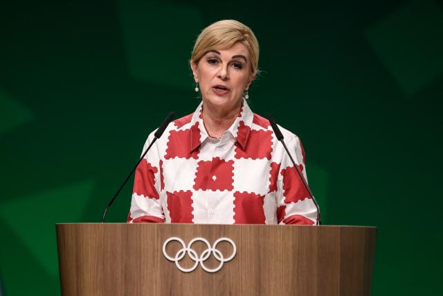 Chair of the International Olympic Committee (IOC) Future Host Commission Kolinda Grabar-Kitarovic speaks during an IOC session, in Lausanne, on June 24, 2026. The International Olympic Committee (IOC) will choose the host of the 2036 summer Olympic Games in "mid-2029", Kolinda Grabar-Kitarovic, chair of the IOC's Future Host Commission, announced on June 24, 2026. (Photo by Fabrice COFFRINI / AFP)