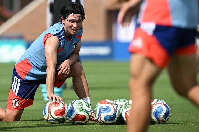 Japan's midfielder #07 Ao Tanaka takes part in a training session on the eve of the 2026 World Cup football tournament Group F football match between Japan and Sweden at Dallas Stadium training facility in Dallas on June 24, 2026. (Photo by Paul ELLIS / AFP)