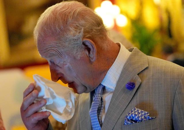 Britain's King Charles III wipes beads of sweat from his face as he attends a London Climate Week reception, hosted by the Department for Energy Security and Net Zero (DESNZ), at St James's Palace, London on June 24, 2026. (Photo by Yui Mok / POOL / AFP)