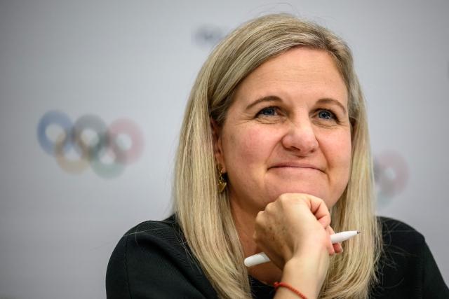 International Olympic Committee President (IOC) Kirsty Coventry smiles during a press conference during an IOC session, in Lausanne, on June 24, 2026. (Photo by Fabrice COFFRINI / AFP)