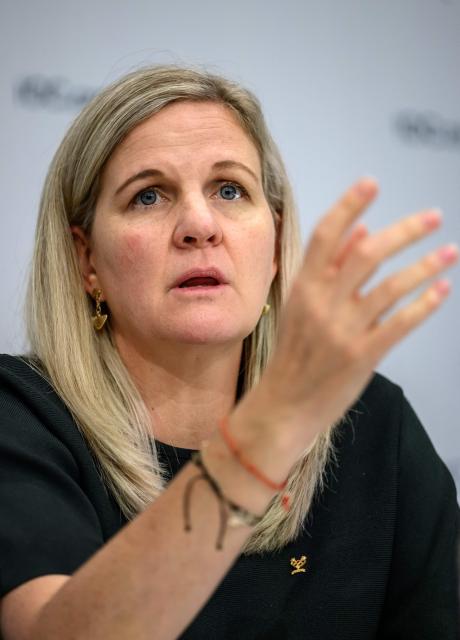 International Olympic Committee (IOC) president Kirsty Coventry gestures during a press conference during an IOC session, in Lausanne, on June 24, 2026. (Photo by Fabrice COFFRINI / AFP)