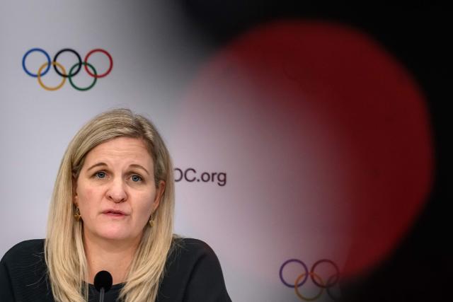 International Olympic Committee (IOC) president Kirsty Coventry speaks during a press conference during an IOC session, in Lausanne, on June 24, 2026. (Photo by Fabrice COFFRINI / AFP)