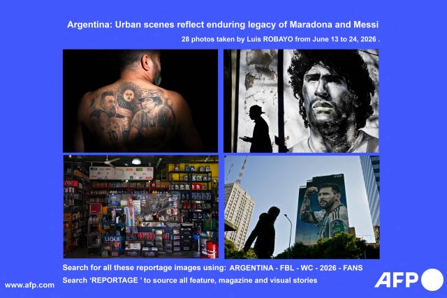 AFP presents a visual story of 38 photos by Luis Robayo showing depictions of Argentine football star Lionel Messi (L) and late Argentine football legend Diego Maradona overlooking everyday urban scenes in Buenos Aires between June 13 and 24, 2026, during the FIFA World Cup 2026. Search for all these reportage images using: ARGENTINA-FBL-WC-2026-FANS
Search "REPORTAGE" to source all feature, magazine and visual story. (Photo by Luis ROBAYO / AFP)