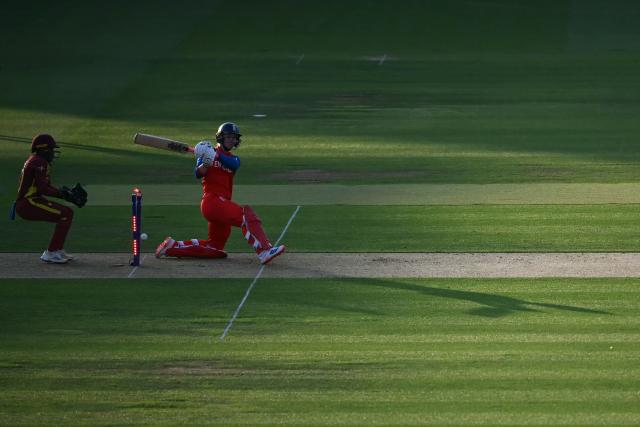 England's Freya Kemp is bowled by West Indies' captain Hayley Matthews during the ICC Women's T20 cricket world cup 2026 match between England and West Indies, at Lord's in London on June 24, 2026. (Photo by JUSTIN TALLIS / AFP)
