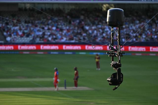 Spidercam hangs over the field during the ICC Women's T20 cricket world cup 2026 match between England and West Indies, at Lord's in London on June 24, 2026. (Photo by JUSTIN TALLIS / AFP)
