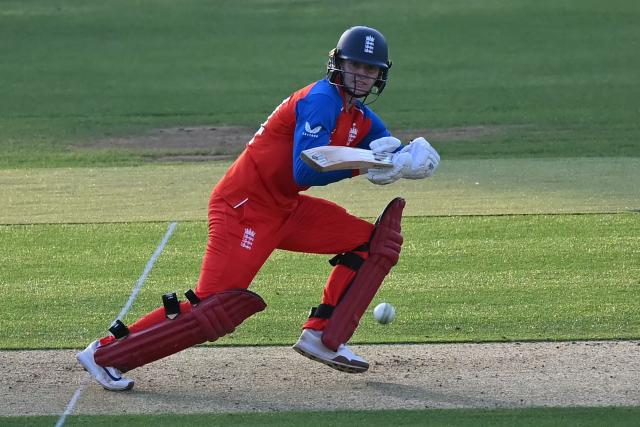 England's Charlie Dean plays a shot during the ICC Women's T20 cricket world cup 2026 match between England and West Indies, at Lord's in London on June 24, 2026. (Photo by JUSTIN TALLIS / AFP)