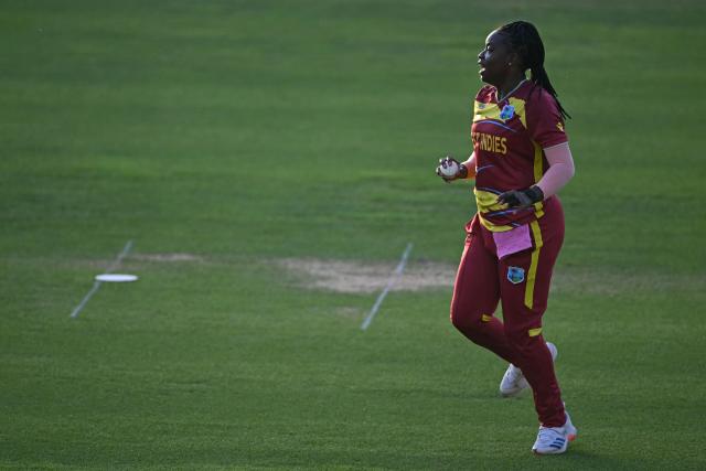 West Indies' Aaliyah Alleyne celebrates taking a catch to dismiss England's Danielle Gibson during the ICC Women's T20 cricket world cup 2026 match between England and West Indies, at Lord's in London on June 24, 2026. (Photo by JUSTIN TALLIS / AFP)