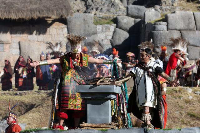 Actors perform in a reenactment at the Sacsayhuaman fortress during the Inti Raymi, a traditional Inca New Year and winter solstice celebration, in Cusco, Peru, on June 24, 2026. The Inti Raymi is the most important indigenous ceremony of the Peruvian Andes, held in honor of the god Inti (Quechua for "sun") at the beginning of the winter solstice. (Photo by Jose Angulo / AFP)