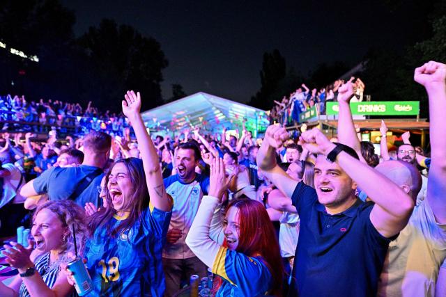 Bosnia and Herzegovina's supporters cheer during a public viewing of the Bosnia and Herzegovina World Cup 2026 football match against Qatar in Sarajevo on June 24, 2026. (Photo by ELVIS BARUKCIC / AFP)