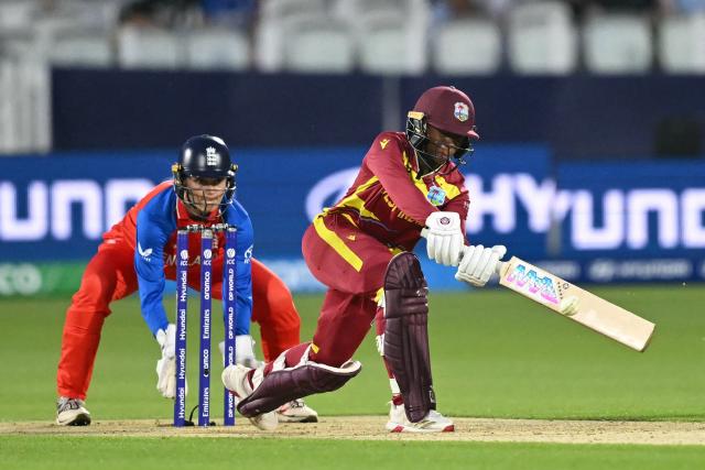West Indies' Jahzara Claxton plays a shot as England's Amy Jones keeps wicket during the ICC Women's T20 cricket world cup 2026 match between England and West Indies, at Lord's in London on June 24, 2026. (Photo by JUSTIN TALLIS / AFP)