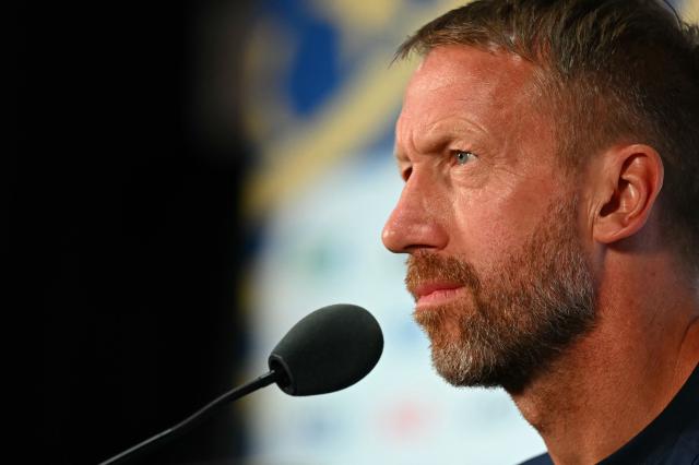Sweden's English head coach Graham Potter gives an MD-1 press conference at the Dallas Stadium in Arlington, on June 24, 2026, on the eve of the 2026 World Cup Group F football match between Japan and Sweden. (Photo by Paul ELLIS / AFP)