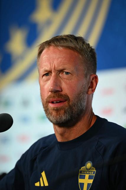 Sweden's English head coach Graham Potter gives an MD-1 press conference at the Dallas Stadium in Arlington, on June 24, 2026, on the eve of the 2026 World Cup Group F football match between Japan and Sweden. (Photo by Paul ELLIS / AFP)