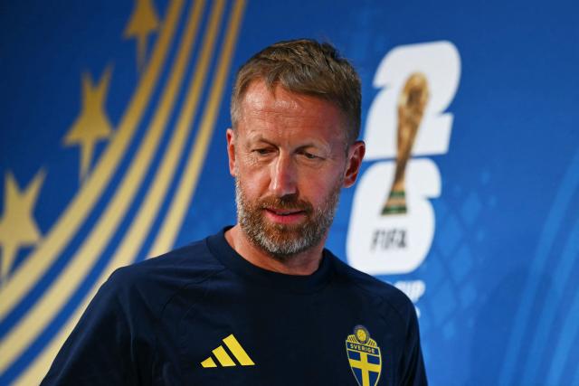 Sweden's English head coach Graham Potter arrives for an MD-1 press conference at the Dallas Stadium in Arlington, on June 24, 2026, on the eve of the 2026 World Cup Group F football match between Japan and Sweden. (Photo by Paul ELLIS / AFP)
