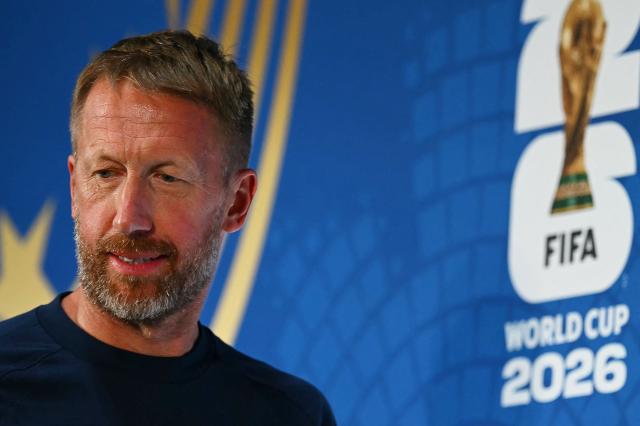 Sweden's English head coach Graham Potter arrives for an MD-1 press conference at the Dallas Stadium in Arlington, on June 24, 2026, on the eve of the 2026 World Cup Group F football match between Japan and Sweden. (Photo by Paul ELLIS / AFP)