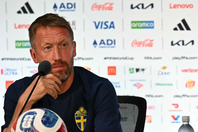 Sweden's English head coach Graham Potter gives an MD-1 press conference at the Dallas Stadium in Arlington, on June 24, 2026, on the eve of the 2026 World Cup Group F football match between Japan and Sweden. (Photo by Paul ELLIS / AFP)