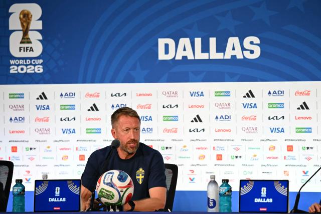 Sweden's English head coach Graham Potter gives an MD-1 press conference at the Dallas Stadium in Arlington, on June 24, 2026, on the eve of the 2026 World Cup Group F football match between Japan and Sweden. (Photo by Paul ELLIS / AFP)