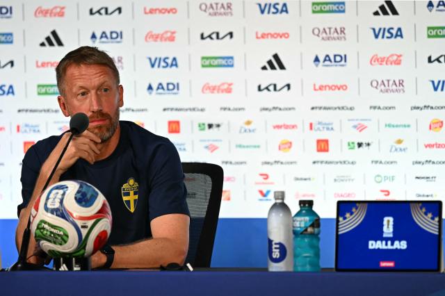 Sweden's English head coach Graham Potter gives an MD-1 press conference at the Dallas Stadium in Arlington, on June 24, 2026, on the eve of the 2026 World Cup Group F football match between Japan and Sweden. (Photo by Paul ELLIS / AFP)