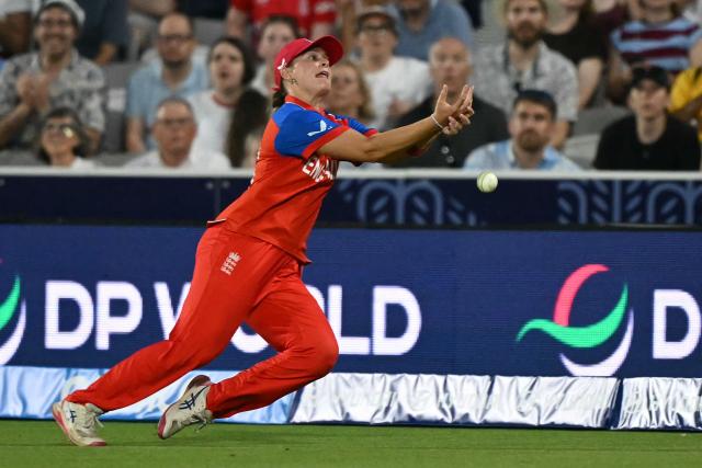 England's Danielle Gibson drops a catch on the boundary that would have dismissed West Indies' Chinelle Henry during the ICC Women's T20 cricket world cup 2026 match between England and West Indies, at Lord's in London on June 24, 2026. (Photo by JUSTIN TALLIS / AFP)