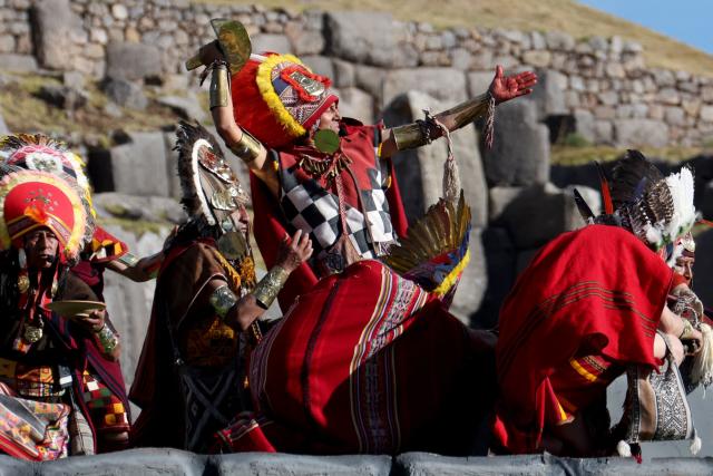 Actors perform in a reenactment at the Sacsayhuaman fortress during the Inti Raymi, a traditional Inca New Year and winter solstice celebration, in Cusco, Peru, on June 24, 2026. The Inti Raymi is the most important indigenous ceremony of the Peruvian Andes, held in honor of the god Inti (Quechua for "sun") at the beginning of the winter solstice. (Photo by Jose Angulo / AFP)