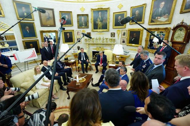 US President Donald Trump meets with NATO Secretary General Mark Rutte in the Oval Office of the White House in Washington, DC, on June 24, 2026. (Photo by Aaron Schwartz / AFP)