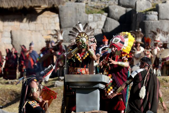 Actors perform in a reenactment at the Sacsayhuaman fortress during the Inti Raymi, a traditional Inca New Year and winter solstice celebration, in Cusco, Peru, on June 24, 2026. The Inti Raymi is the most important indigenous ceremony of the Peruvian Andes, held in honor of the god Inti (Quechua for "sun") at the beginning of the winter solstice. (Photo by Jose Angulo / AFP)