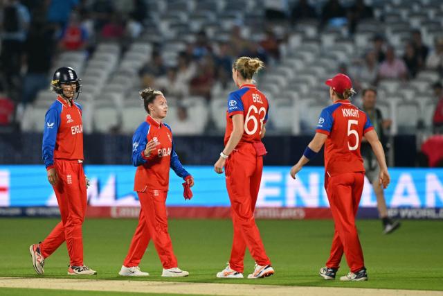 England's players celebrate their win in the ICC Women's T20 cricket world cup 2026 match between England and West Indies, at Lord's in London on June 24, 2026. England won the game by 38 runs. (Photo by JUSTIN TALLIS / AFP)