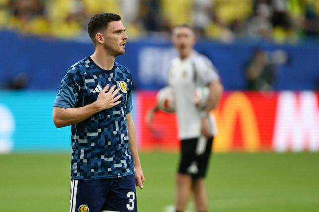 Scotland's defender #03 Andrew Robertson warms up ahead of the 2026 World Cup Group C football match between Scotland and Brazil at the Miami Stadium in Miami Gardens on June 24, 2026.  (Photo by CHANDAN KHANNA / AFP)