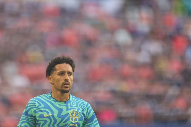 Brazil's defender #04 Marquinhos warms up ahead of the 2026 World Cup Group C football match between Scotland and Brazil at the Miami Stadium in Miami Gardens on June 24, 2026.  (Photo by PATRICIA DE MELO MOREIRA / AFP)