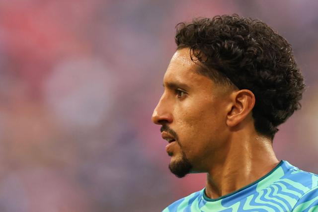 Brazil's defender #04 Marquinhos warms up ahead of the 2026 World Cup Group C football match between Scotland and Brazil at the Miami Stadium in Miami Gardens on June 24, 2026.  (Photo by PATRICIA DE MELO MOREIRA / AFP)