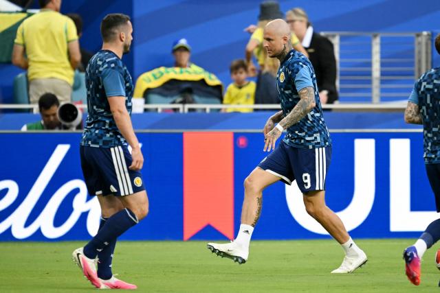 Scotland's defender #05 Grant Hanley warms up ahead of the 2026 World Cup Group C football match between Scotland and Brazil at the Miami Stadium in Miami Gardens on June 24, 2026.  (Photo by CHANDAN KHANNA / AFP)