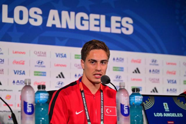 Turkey's forward #11 Kenan Yildiz gives an MD-1 press conference at the Los Angeles Stadium in Inglewood, on June 24, 2026, on the eve of the 2026 World Cup Group D football match between Turkey and USA. (Photo by Frederic J. Brown / AFP)