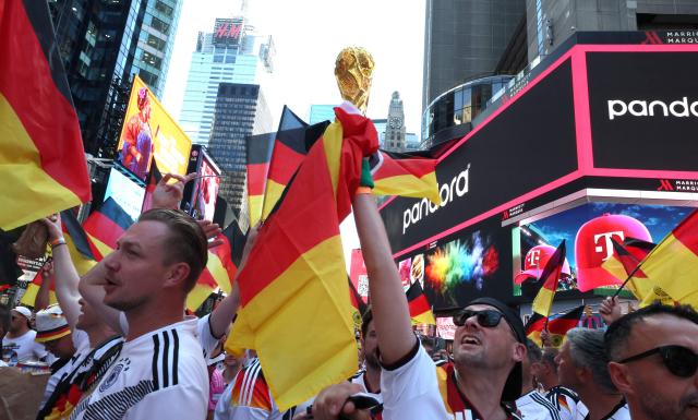 Fans of Germany rally in Times Square ahead of tomorrow's FIFA World Cup 2026 Group E match between Germany and Ecuador in New York on June 24, 2026. (Photo by TIMOTHY A. CLARY / AFP)