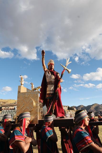 An actor performing the role of the Inca emperor takes part in a reenactment at the Sacsayhuaman fortress during the Inti Raymi, a traditional Inca New Year and winter solstice celebration, in Cusco, Peru, on June 24, 2026. The Inti Raymi is the most important indigenous ceremony of the Peruvian Andes, held in honor of the god Inti (Quechua for "sun") at the beginning of the winter solstice. (Photo by Jose Angulo / AFP)