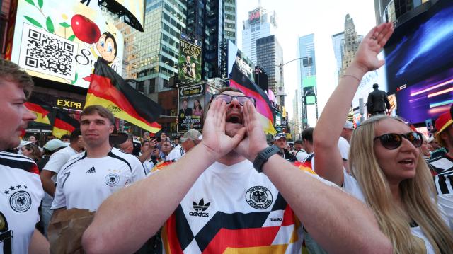 Fans of Germany rally in Times Square ahead of tomorrow's FIFA World Cup 2026 Group E match between Germany and Ecuador in New York on June 24, 2026. (Photo by TIMOTHY A. CLARY / AFP)
