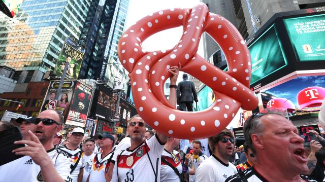 Fans of Germany rally in Times Square ahead of tomorrow's FIFA World Cup 2026 Group E match between Germany and Ecuador in New York on June 24, 2026. (Photo by TIMOTHY A. CLARY / AFP)