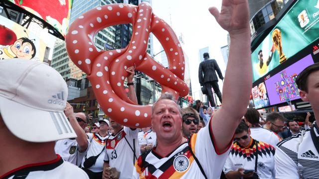 Fans of Germany rally in Times Square ahead of tomorrow's FIFA World Cup 2026 Group E match between Germany and Ecuador in New York on June 24, 2026. (Photo by TIMOTHY A. CLARY / AFP)