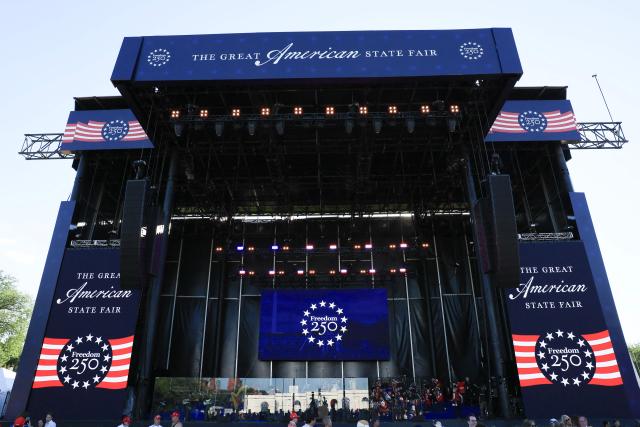 The stage is seen before the kick-off celebration for the "Great American State Fair" on the National Mall in Washington, DC, June 24, 2026. The "Great American State Fair" will be held from June 25 to July 10, 2026, to celebrate the 250th anniversary of US independence. (Photo by Jemal COUNTESS / AFP)