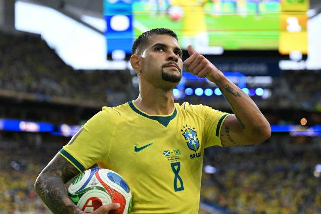 Brazil's midfielder #08 Bruno Guimaraes gestures during the 2026 World Cup Group C football match between Scotland and Brazil at the Miami Stadium in Miami Gardens on June 24, 2026.  (Photo by CHANDAN KHANNA / AFP)