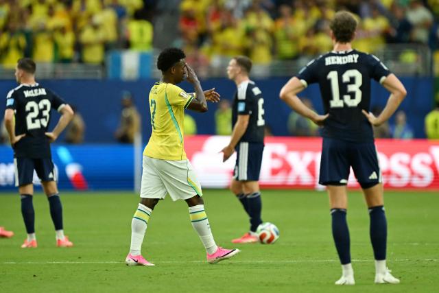 Brazil's forward #07 Vinicius Junior reacts during the 2026 World Cup Group C football match between Scotland and Brazil at the Miami Stadium in Miami Gardens on June 24, 2026.  (Photo by CHANDAN KHANNA / AFP)