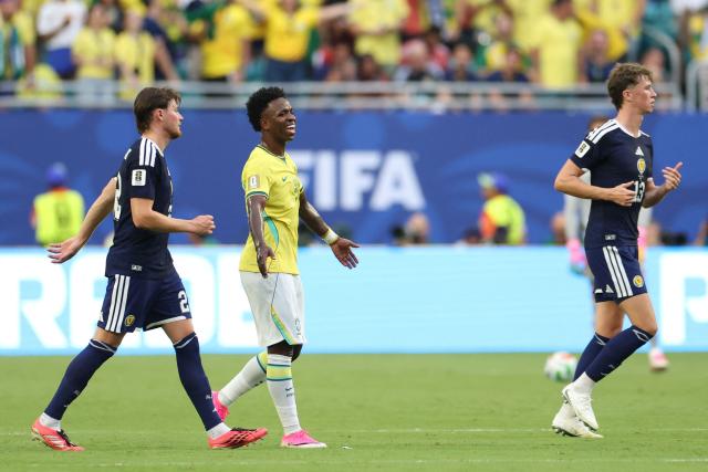 Brazil's forward #07 Vinicius Junior reacts during the 2026 World Cup Group C football match between Scotland and Brazil at the Miami Stadium in Miami Gardens on June 24, 2026.  (Photo by PATRICIA DE MELO MOREIRA / AFP)