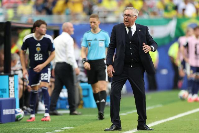 Brazil's Italian head coach Carlo Ancelotti reacts during the 2026 World Cup Group C football match between Scotland and Brazil at the Miami Stadium in Miami Gardens on June 24, 2026.  (Photo by PATRICIA DE MELO MOREIRA / AFP)