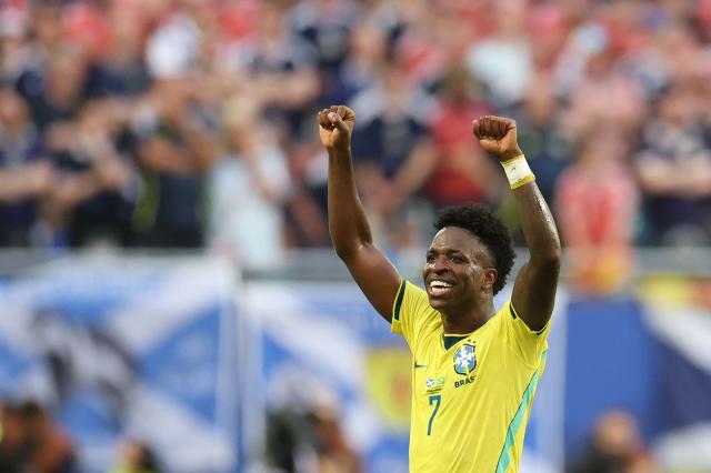 Brazil's forward #07 Vinicius Junior celebrates after scoring his team's second goal during the 2026 World Cup Group C football match between Scotland and Brazil at the Miami Stadium in Miami Gardens on June 24, 2026.  (Photo by PATRICIA DE MELO MOREIRA / AFP)