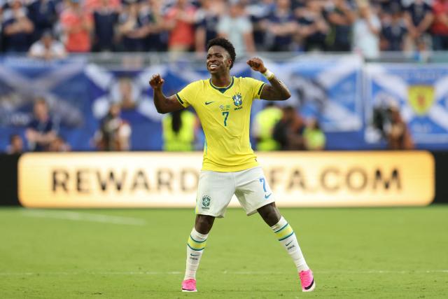 Brazil's forward #07 Vinicius Junior celebrates after scoring his team's second goal during the 2026 World Cup Group C football match between Scotland and Brazil at the Miami Stadium in Miami Gardens on June 24, 2026.  (Photo by PATRICIA DE MELO MOREIRA / AFP)